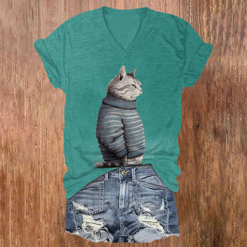 Cute Striped Sweater Cat Print V-neck T-shirt
