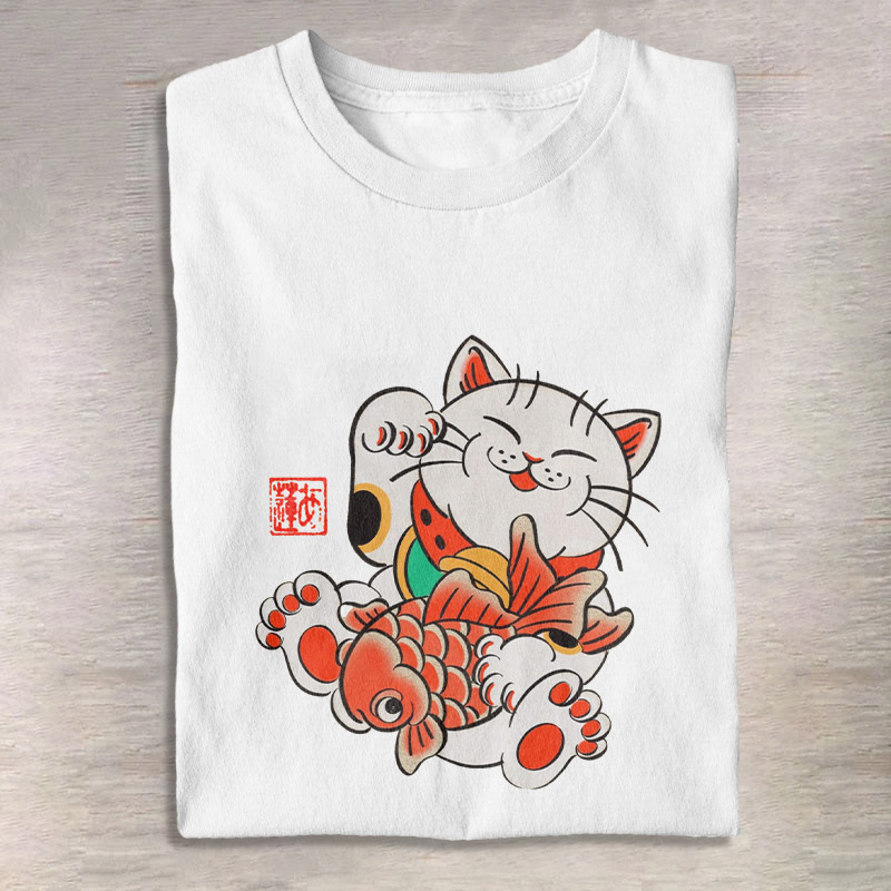 100 Cotton Lucky Cat Holding A Koi Japanese Style Print T shirt