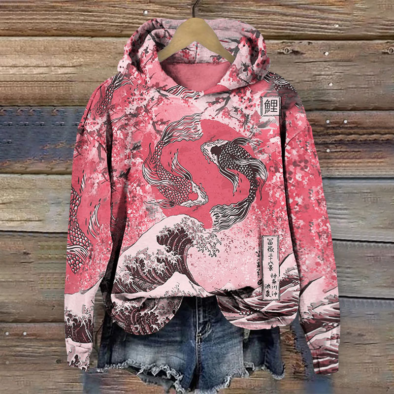 Japanese Koi Wave Print Hoodie
