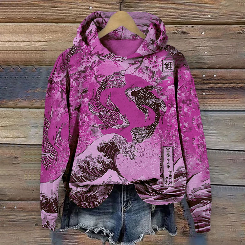 Japanese Koi Wave Print Hoodie