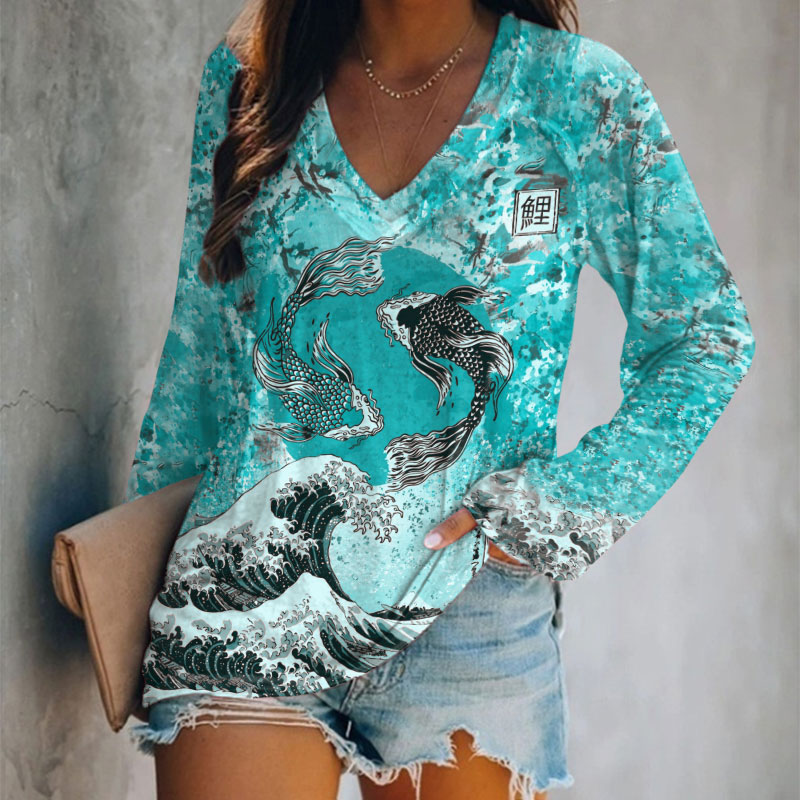 Japanese Koi Wave Print Casual V-neck Long Sleeve T-shirt