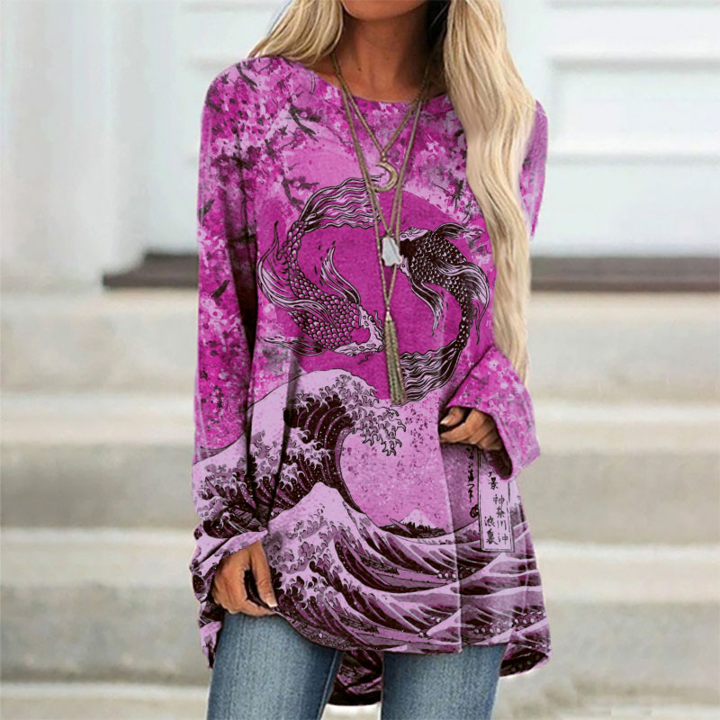 Japanese Koi Wave Print Cozy Long Sleeved Tunic