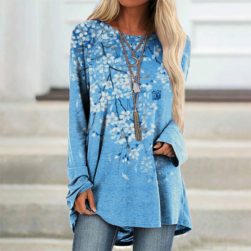 Cherry Blossom Full Moon Japanese Art Gradient Print Cozy Long Sleeved Tunic
