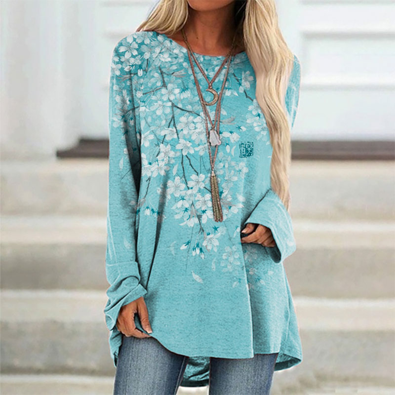 Cherry Blossom Full Moon Japanese Art Gradient Print Cozy Long Sleeved Tunic