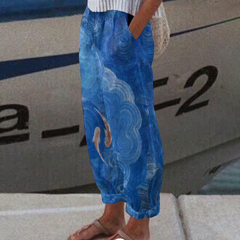 Abstract Ripple Two Little Koi Art Casual Pants  - Blue - 5XL - image 1