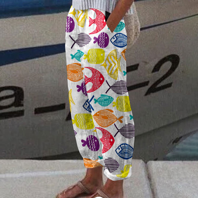 Colorful Tropical Fish Art Print Casual Pants  - White - 5XL - image 1