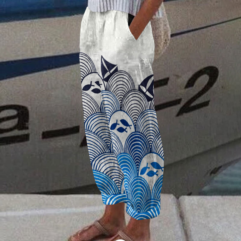 Sailboat Waves Abstract Line Drawing Art Print Casual Pants  - Blue - 5XL - image 1