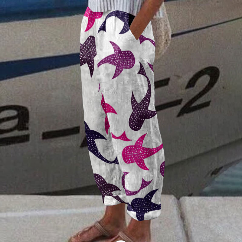Swirling Whale Sharks Art Print Casual Pants  - Purple - 5XL - image 1