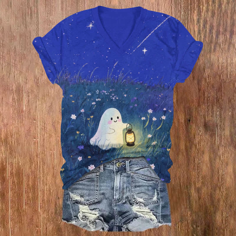 Halloween Lovely Ghost Holding Kerosene Lamp Art Print V-neck T-shirt - Blue - US32-34(5XL) - image 4