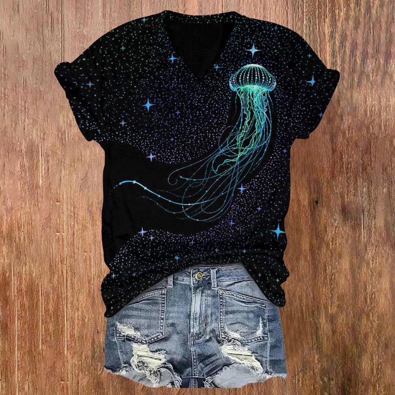 Colorful Starry Sky Jellyfish Print V-neck T-shirt