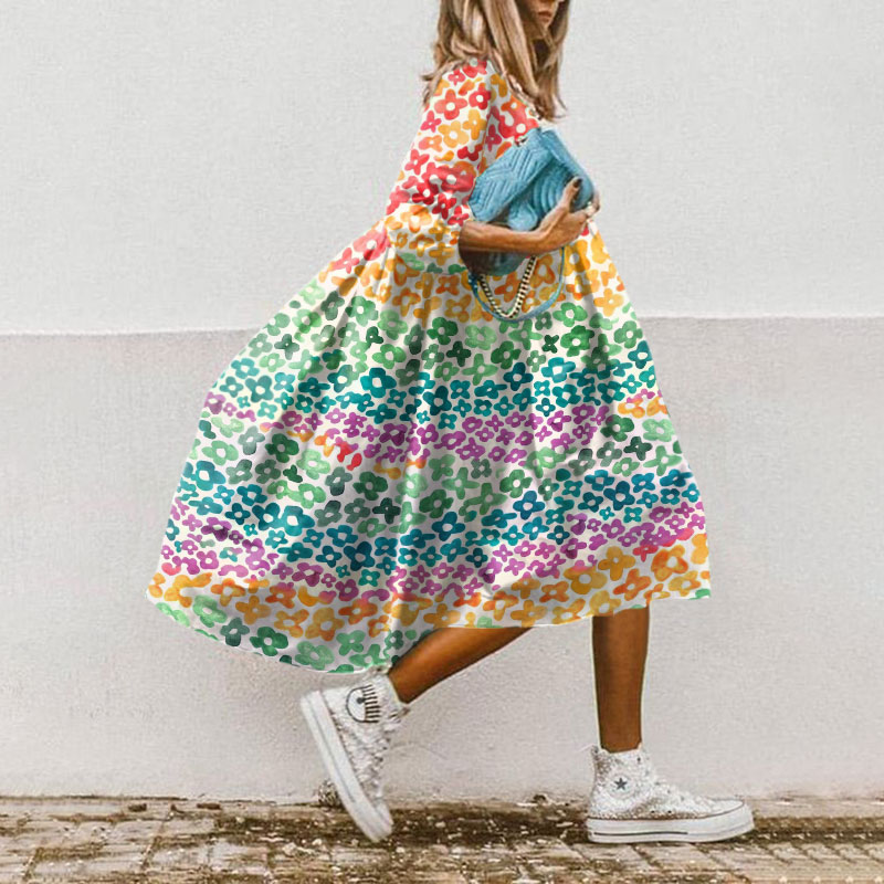 Resort Style Women's Cute Daisy Rainbow Color Print Dress - Multicolor - 5XL - image 1