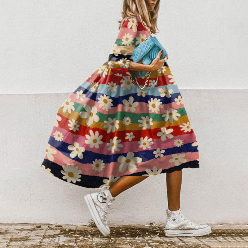 Vacation Women's Vintage Flower Daisy Print Dress - Multicolor - 5XL - image 1