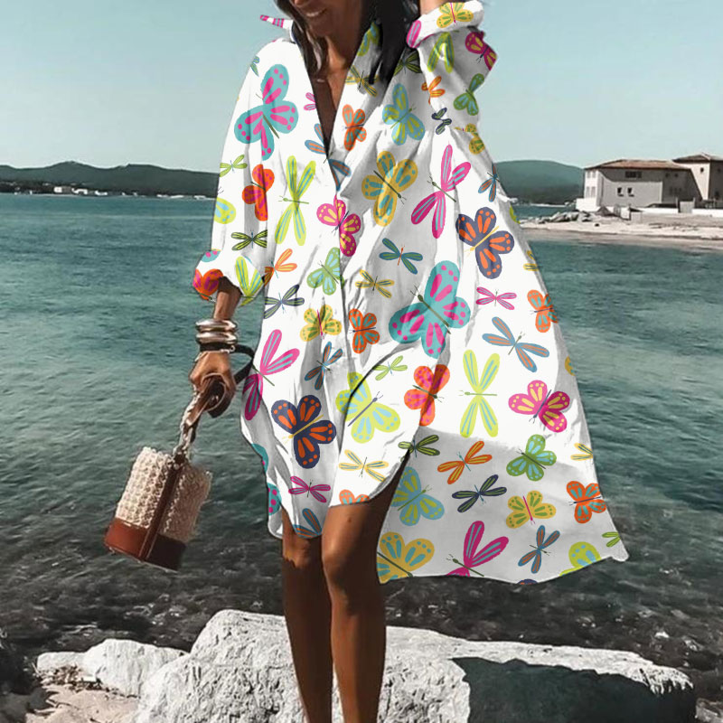 Women's Vacation Multi-color Cute Butterfly Print Casual Loose Shirt Dress - White - 5XL - image 1
