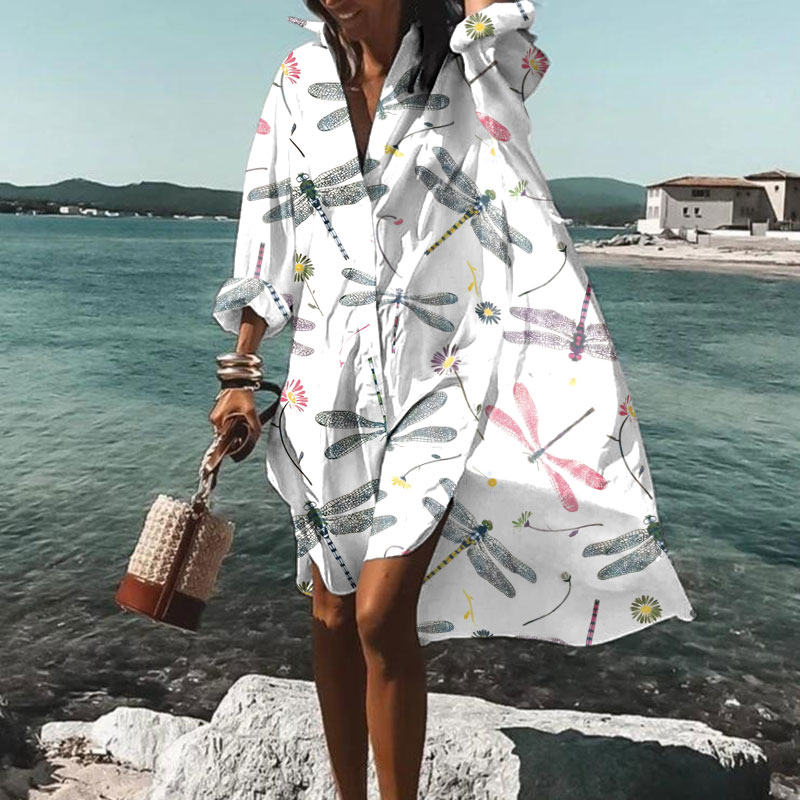 Women's Vacation Dragonfly Daisy Print Casual Loose Shirt Dress - White - 5XL - image 1