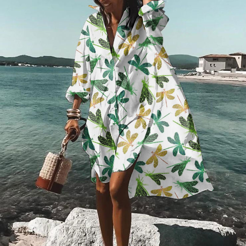 Women's Dragonfly Print Casual Loose Shirt Dress - White - 5XL - image 1