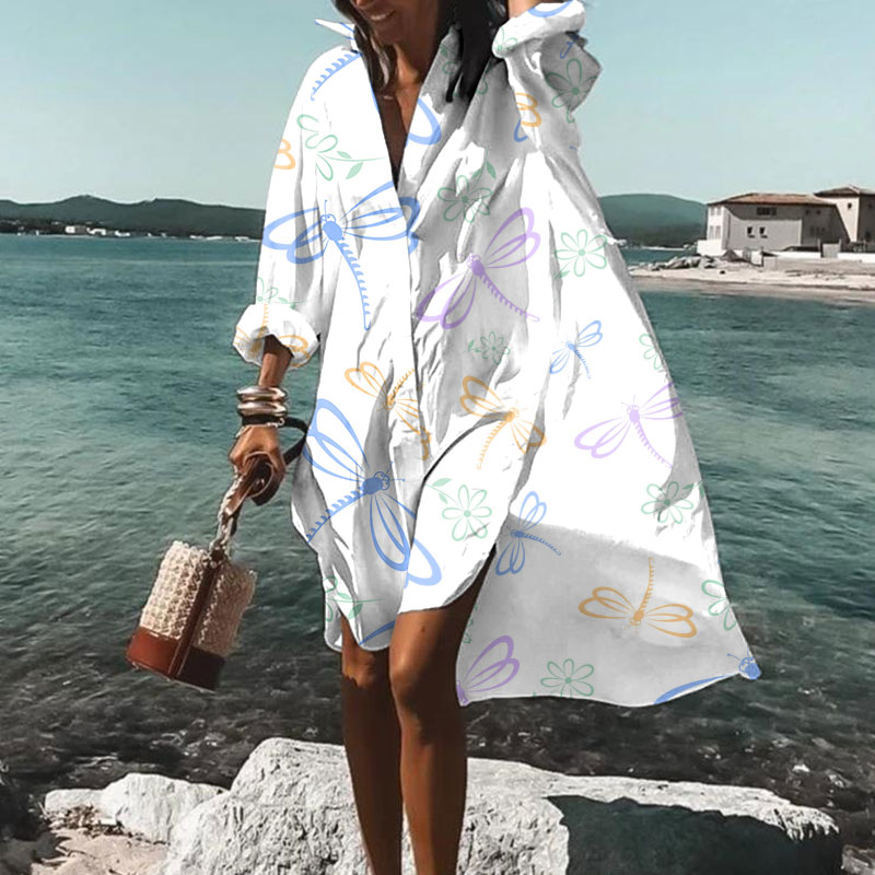Dragonflies And Damselflies Among Colorful Flowers Print Casual Loose Shirt Dress - White - 5XL - image 1