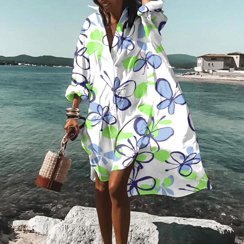 Cute Butterfly Print Vacation Casual Loose Shirt Dress - White - 5XL - image 1