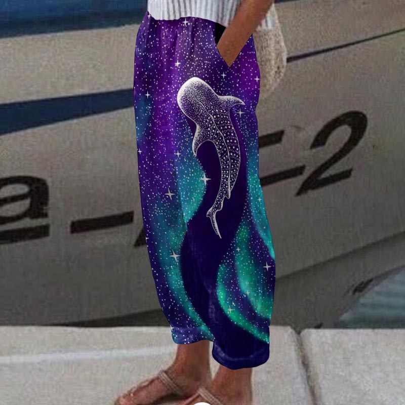 Star Eater In Northern Lights Print Casual Pocket Pants  - Purple - 5XL - image 1