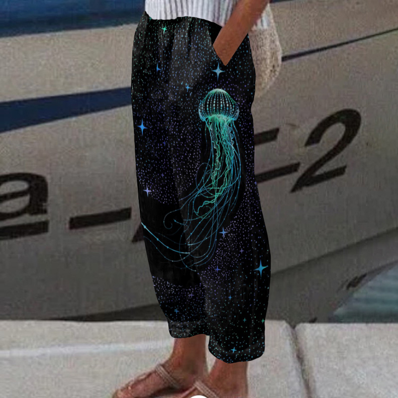Colorful Starry Sky Jellyfish Print Casual Pocket Pants  - Black - 5XL - image 1