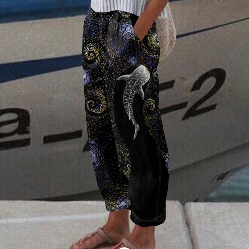 Star Eater In Van Gogh Style Print Casual Pocket Pants  - Black - 5XL - image 1