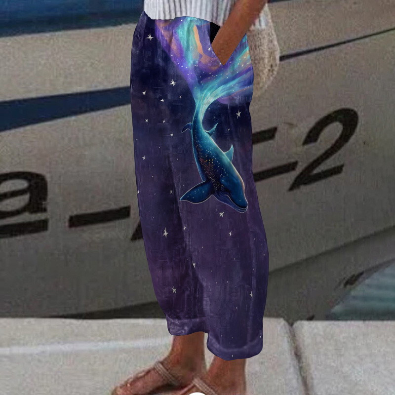Fantasy Aurora Starry Sky Whale Art Print Casual Pocket Pants  - Purple - 5XL - image 1