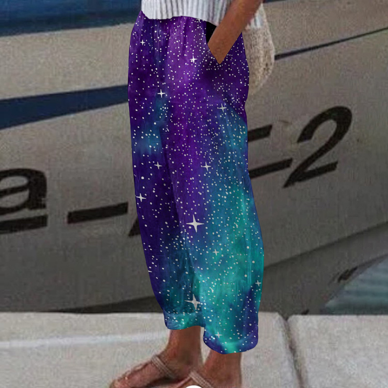 Starry Northern Lights Art Print Casual Pocket Pants  - Purple - 5XL - image 1