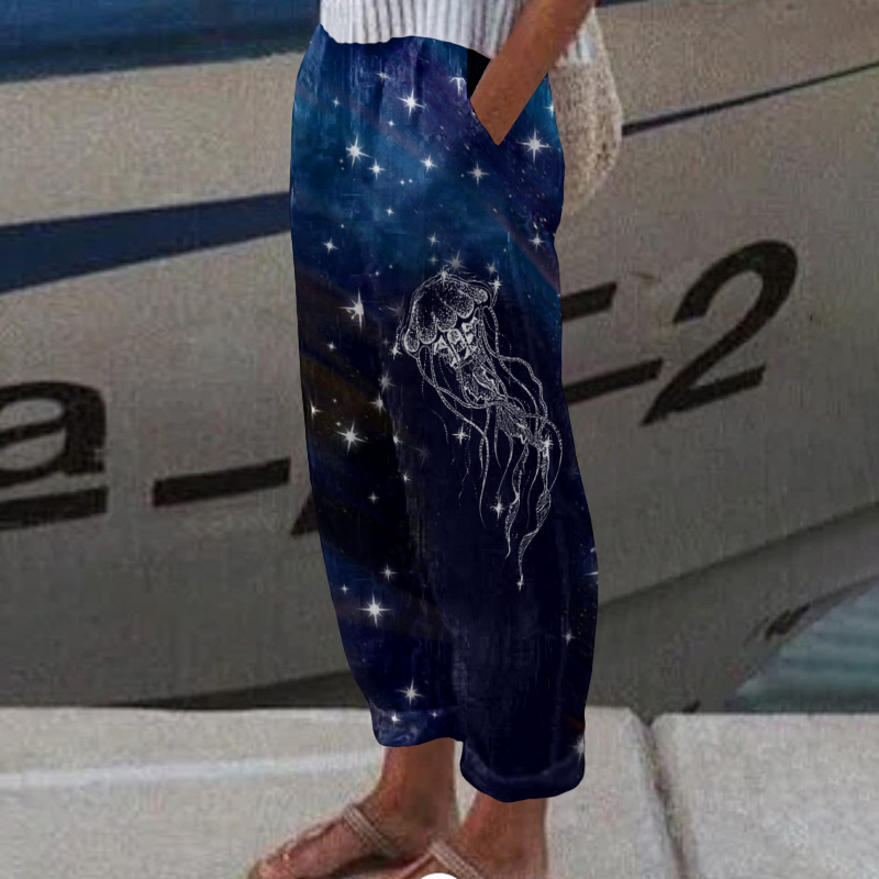 Starry Sky Jellyfish Aurora Print Casual Pocket Pants  - Dark Blue - 5XL - image 1