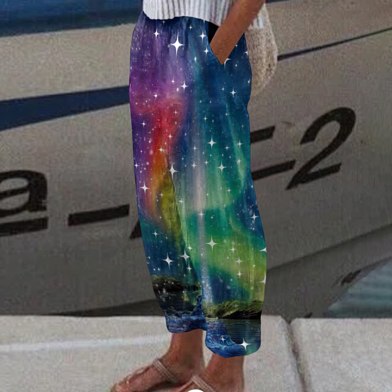 Fantasy Aurora Starry Sky Print Casual Pocket Pants  - Green - 5XL - image 1