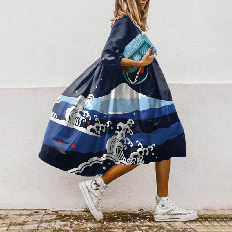 Japanese Style Fuji Mountain Wave Print Casual Loose Dress - Navy Blue - 5XL - image 1