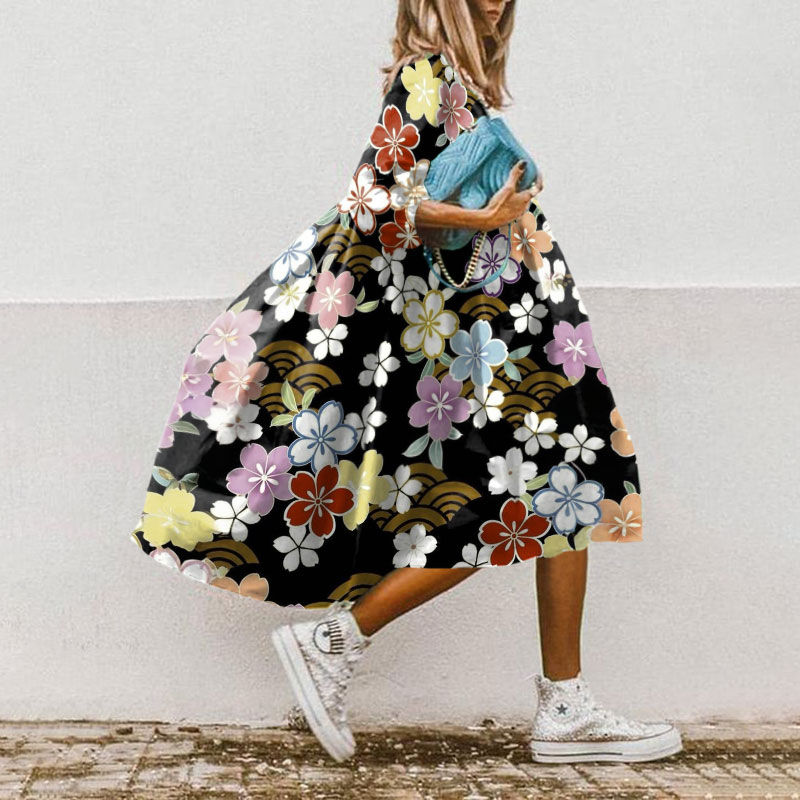 Japanese Cherry Blossom Wave Print Casual Loose Dress - Black - 5XL - image 1