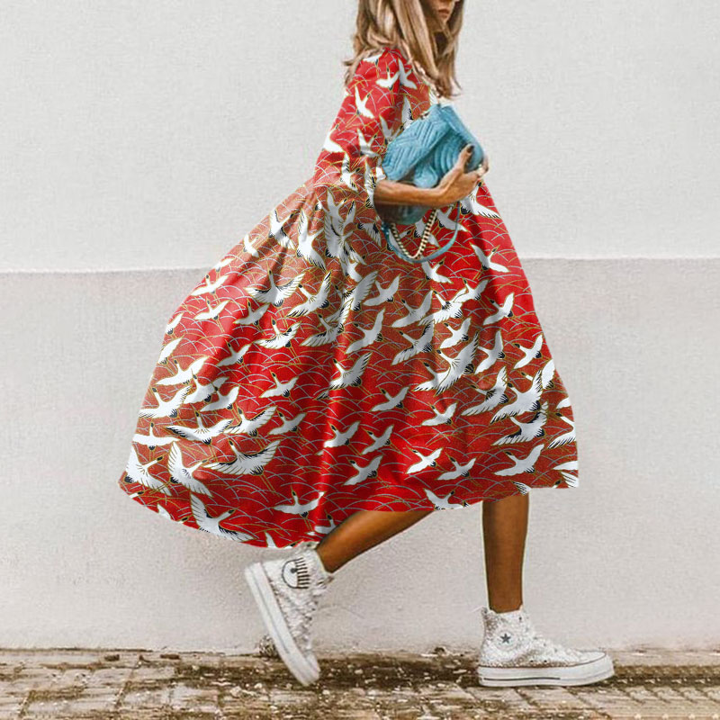 Japanese Crane Print Casual Loose Dress - Red - 5XL - image 1