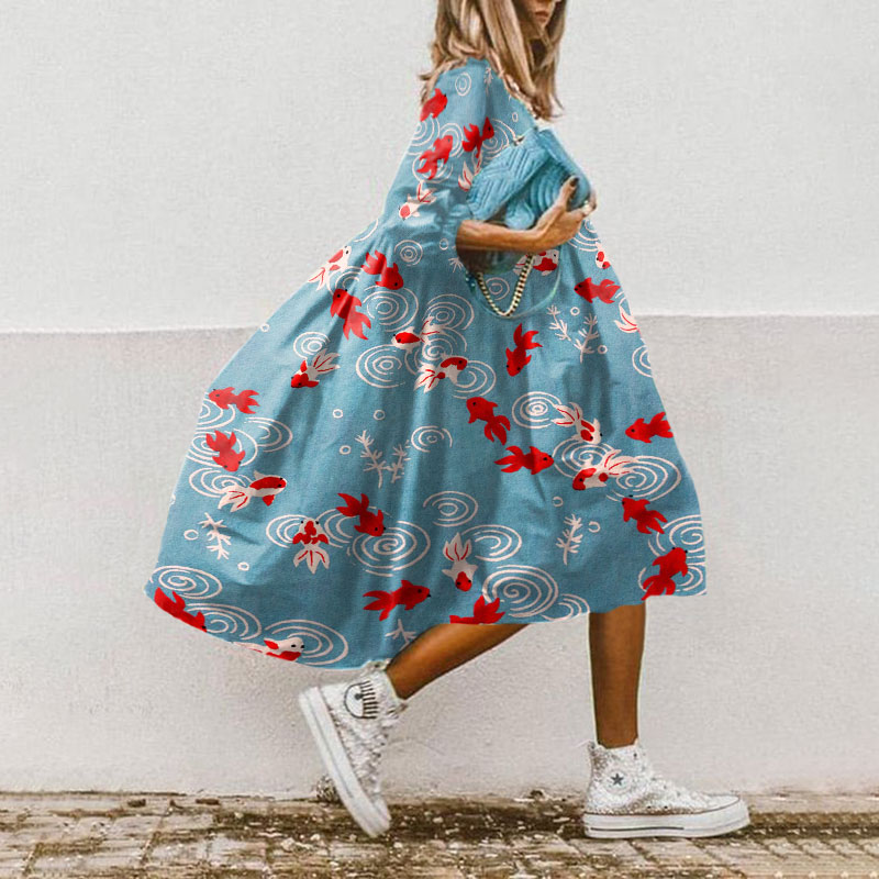 Japanese Cute Goldfish Ripple Print Casual Loose Dress - Blue - 5XL - image 1