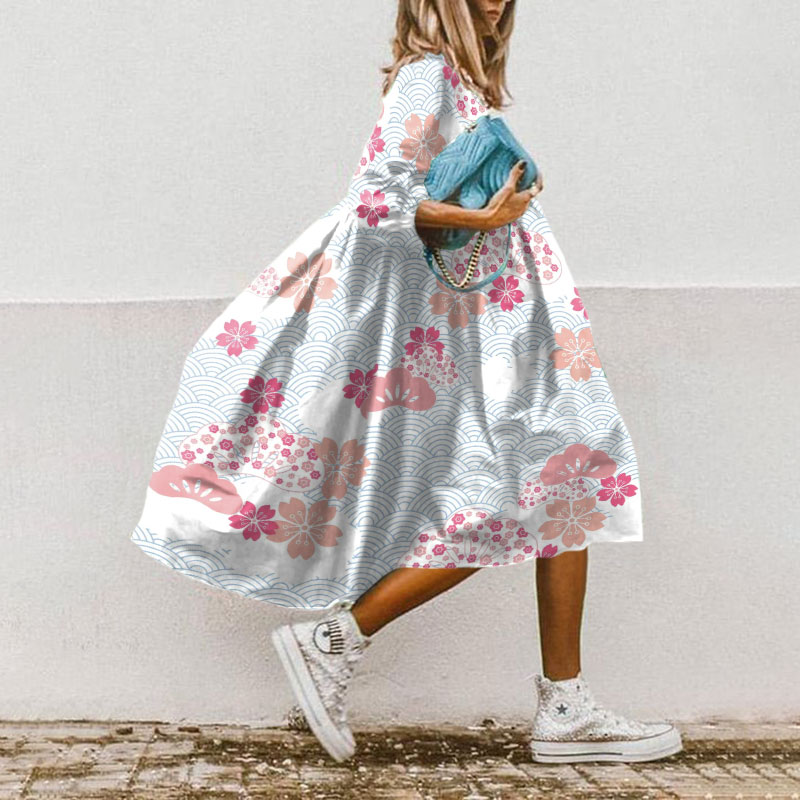 Traditional Japanese Waves And Cherry Blossom Print Casual Loose Dress - Blue - 5XL - image 1