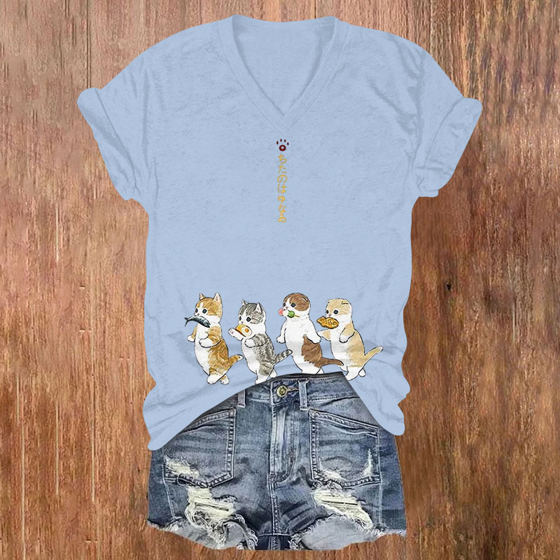 Japanese Cartoon Cat Print V-neck T-shirt - image 2
