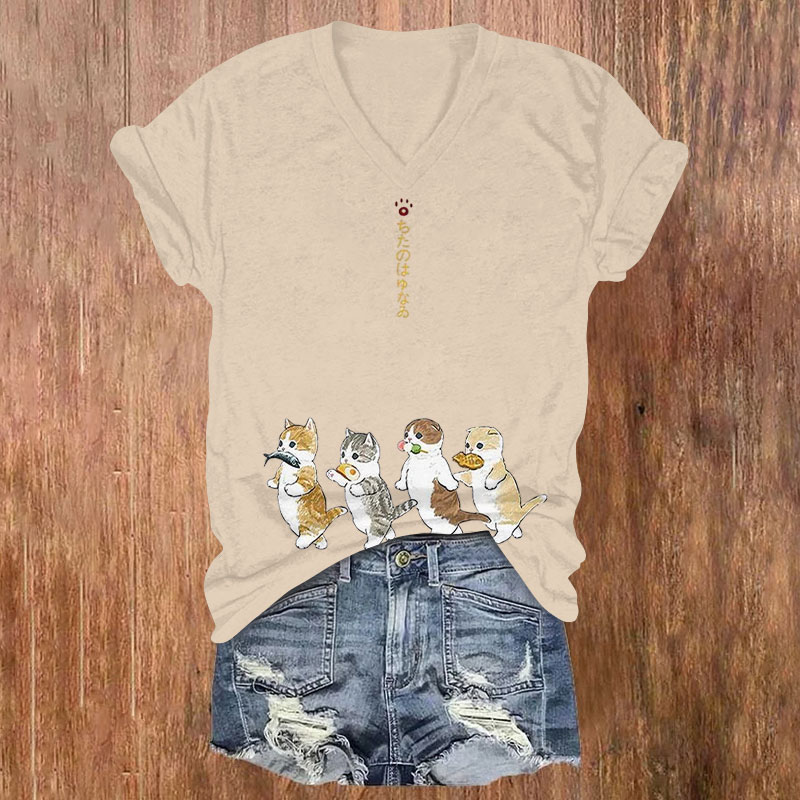 Japanese Cartoon Cat Print V-neck T-shirt - Apricot - 5XL - image 1
