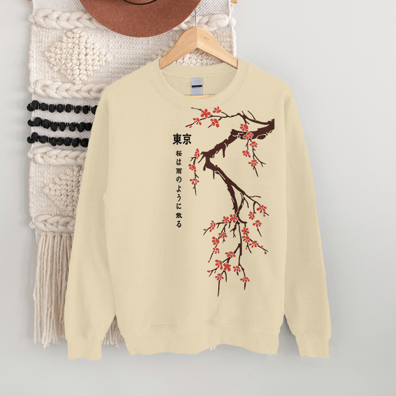 Dashingsoul 100% Cotton Tokyo Japanese Cherry Blossoms Print Sweatshirt
