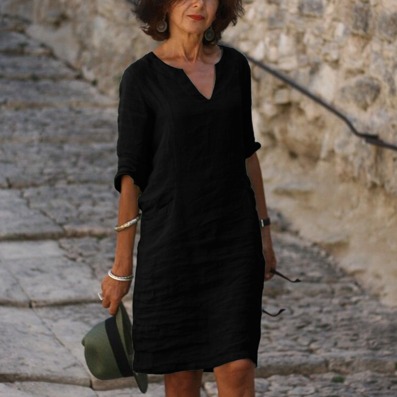 Solid Color Casual Half Sleeve V Neck Dress - Black - 8XL - image 2