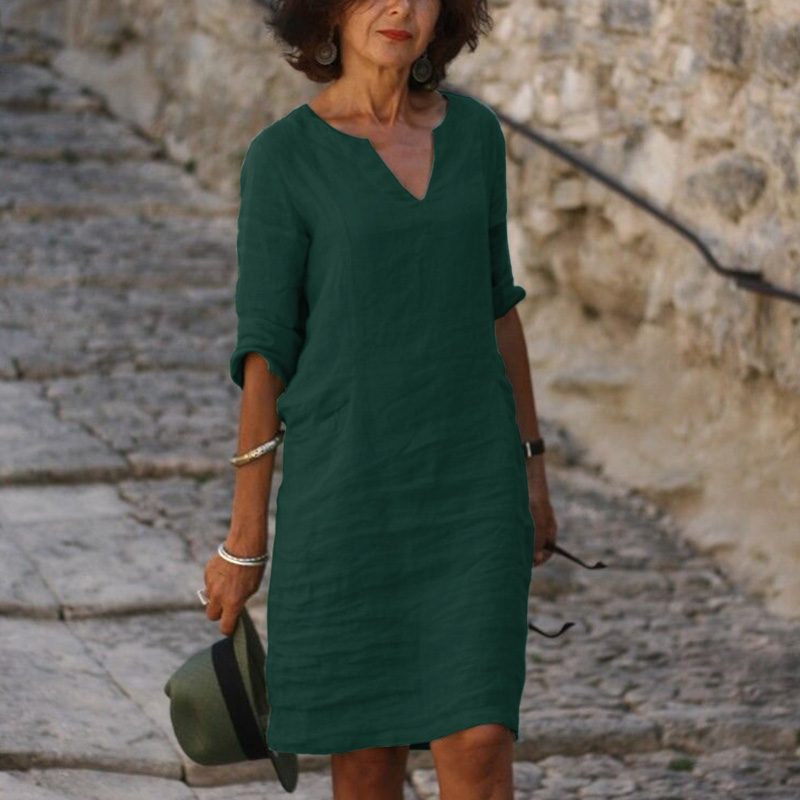 Solid Color Casual Half Sleeve V Neck Dress - Dark Green - 8XL - image 1