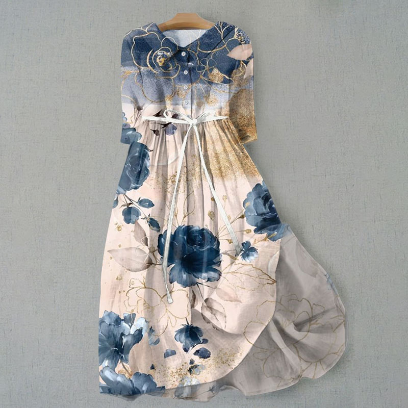 Women's Retro Elegant Abstract Floral Print Lapel Dress - Blue - 6XL - image 1