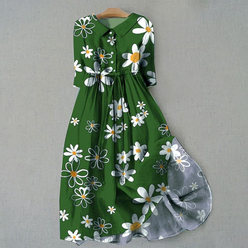 Women's Elegant Literary Floral Print Casual Lapel Dress - Green - 6XL - image 1