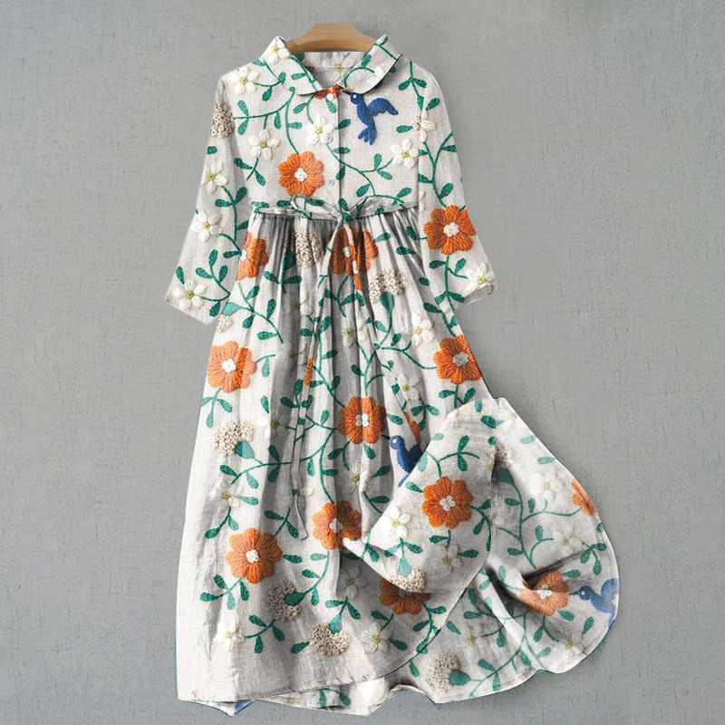 Women's Retro Literary Floral Print Casual Lapel Dress - Beige - 6XL - image 1