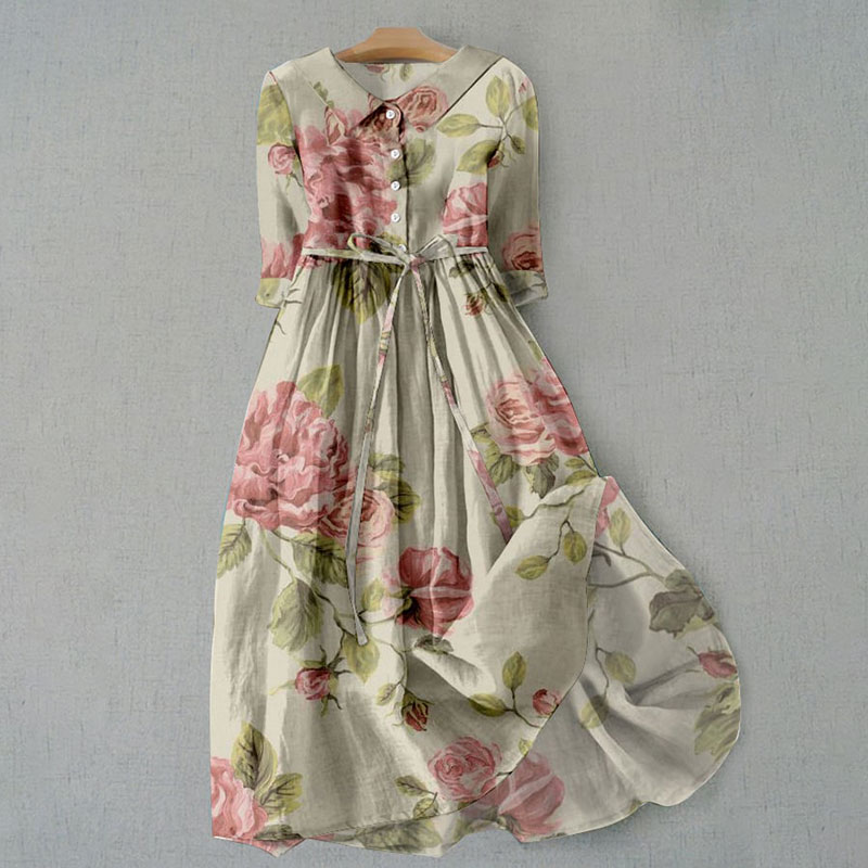 Women's Vintage Botanical Floral Design Print Casual Lapel Dress - Khaki - 6XL - image 1