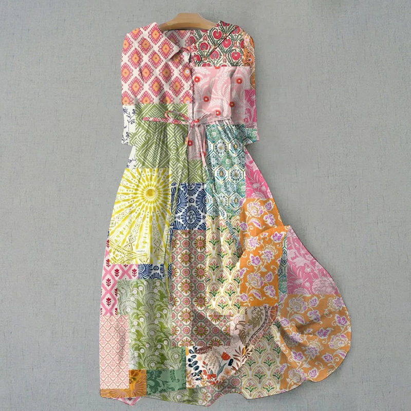 Bohemian Resort Floral Art Print Tie Loose Dress