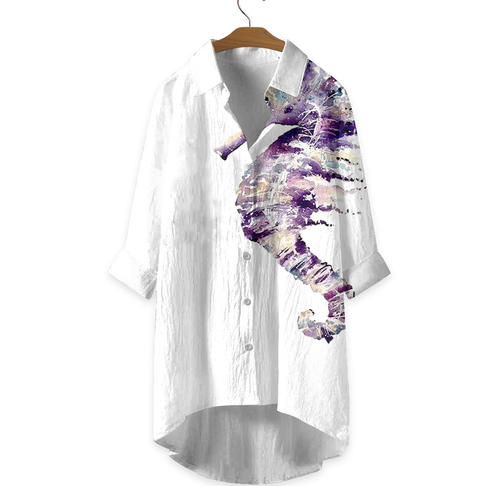 Watercolor Sfumato Seahorse Asymmetrical Print Casual Shirt  - Purple - 5XL - image 1