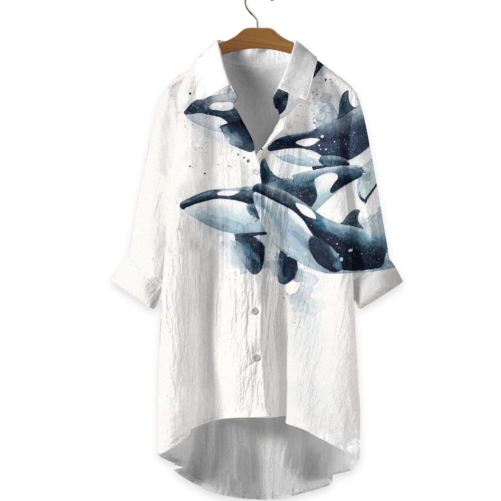 Watercolor Killer Whales Print Casual Shirt 