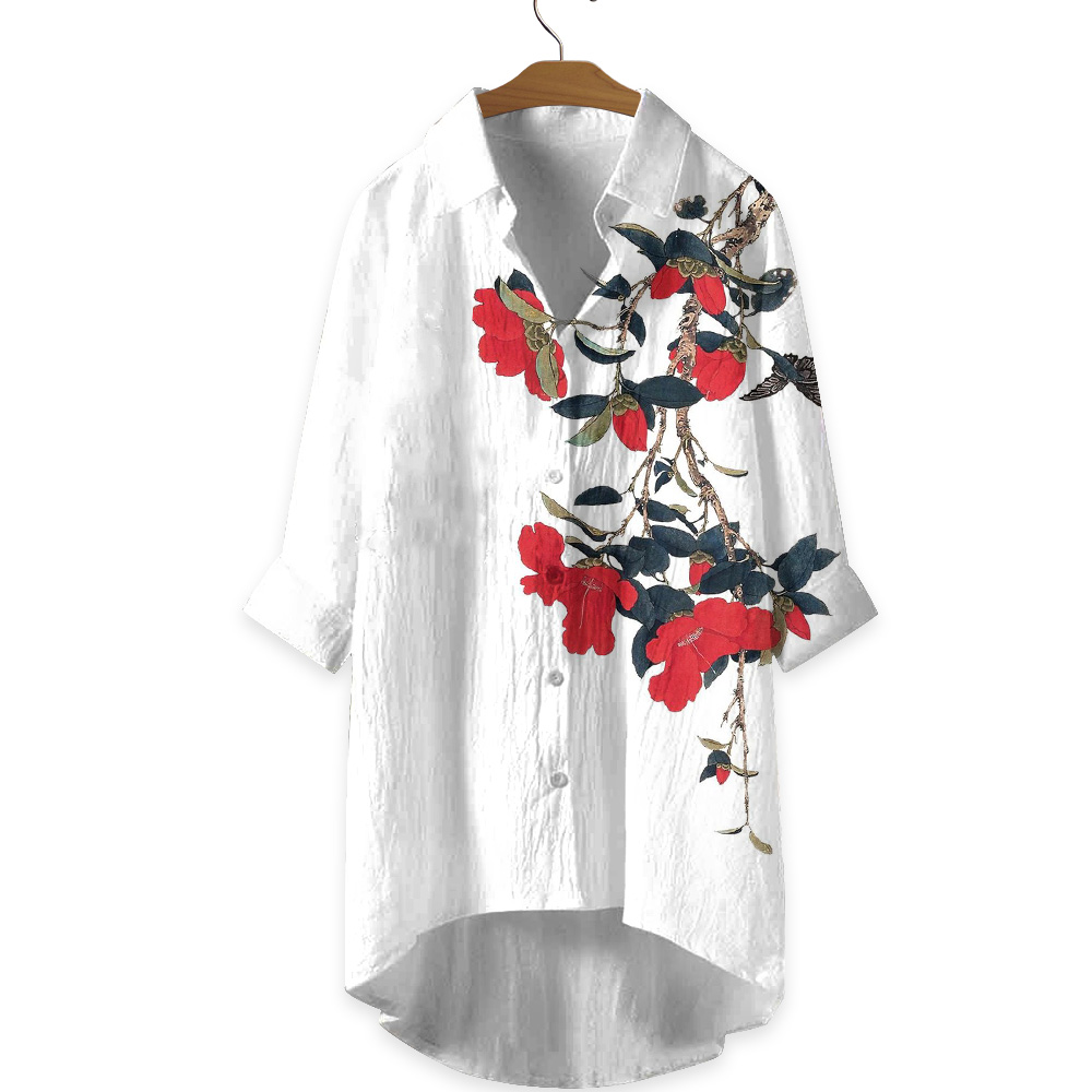 Japanese Floral Butterfly Print Casual Shirt 