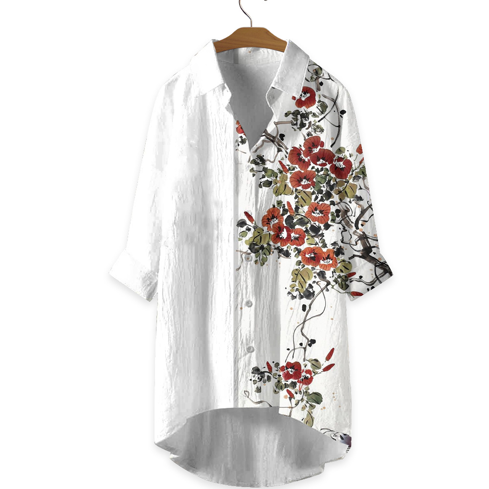 Japanese Trumpet Flower Print Casual Shirt 