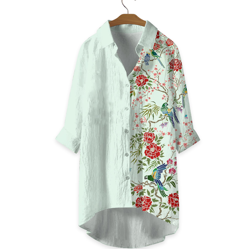 Japanese Parrot Peony Flower Print Casual Shirt 