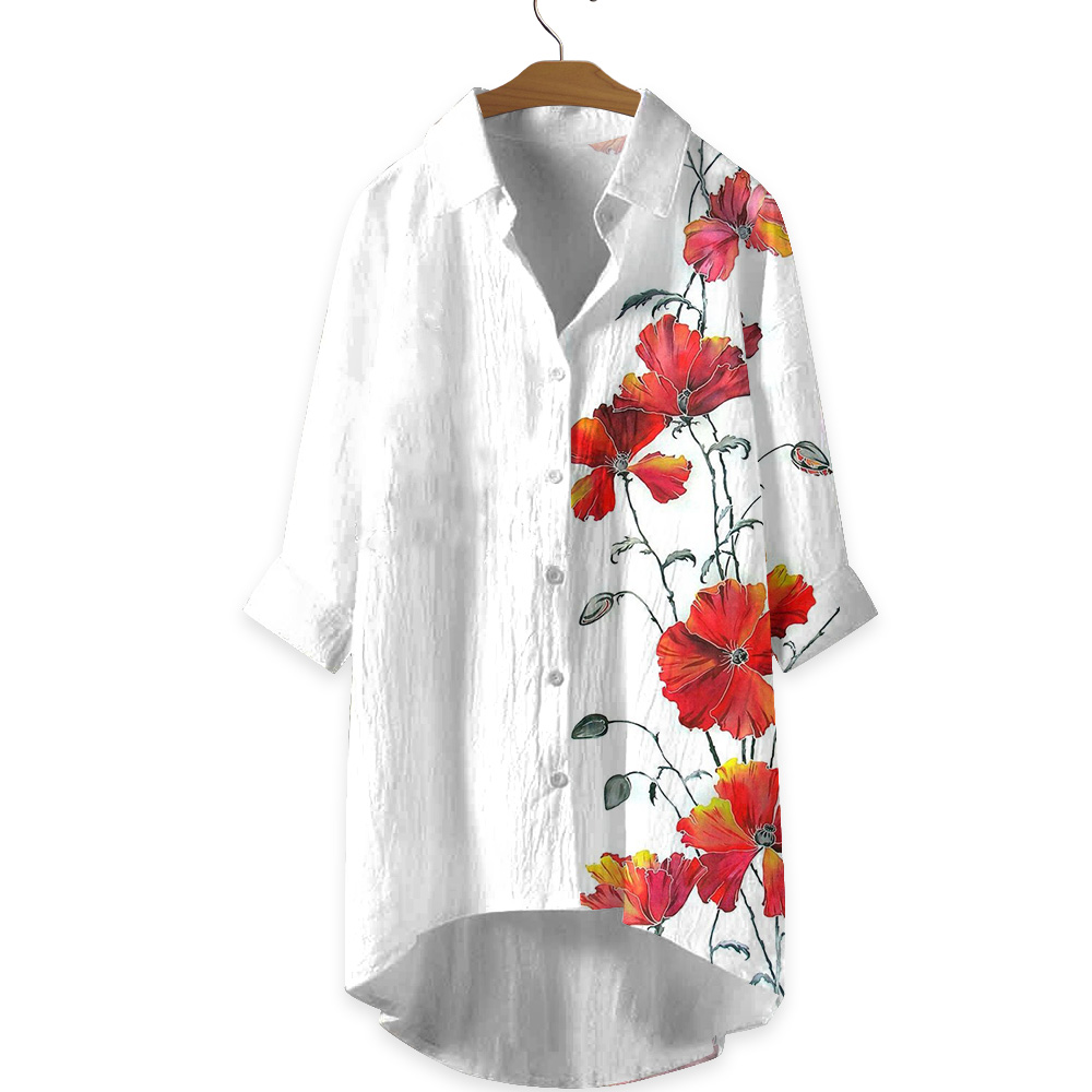 Simple Asymmetric Floral Print Casual Shirt 