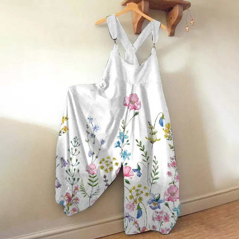 Women's Floral Print Loose Jumpsuit  - White - 5XL - image 1